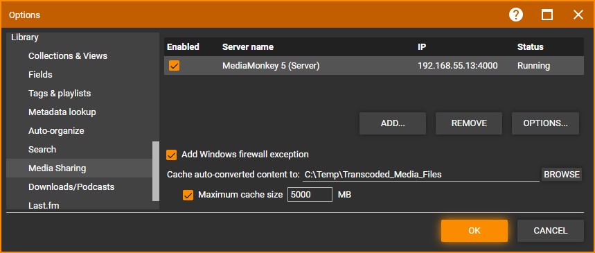 MediaMonkey MM5 Media Sharing Options