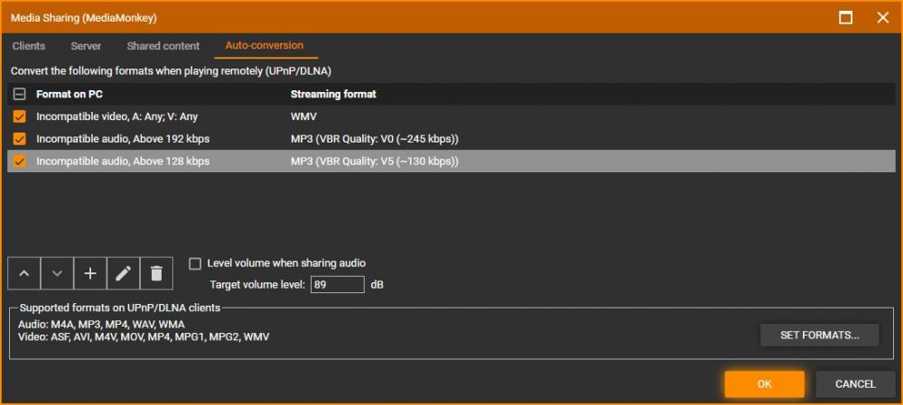 MediaMonkey Media Sharing Auto-Conversion Tab Options